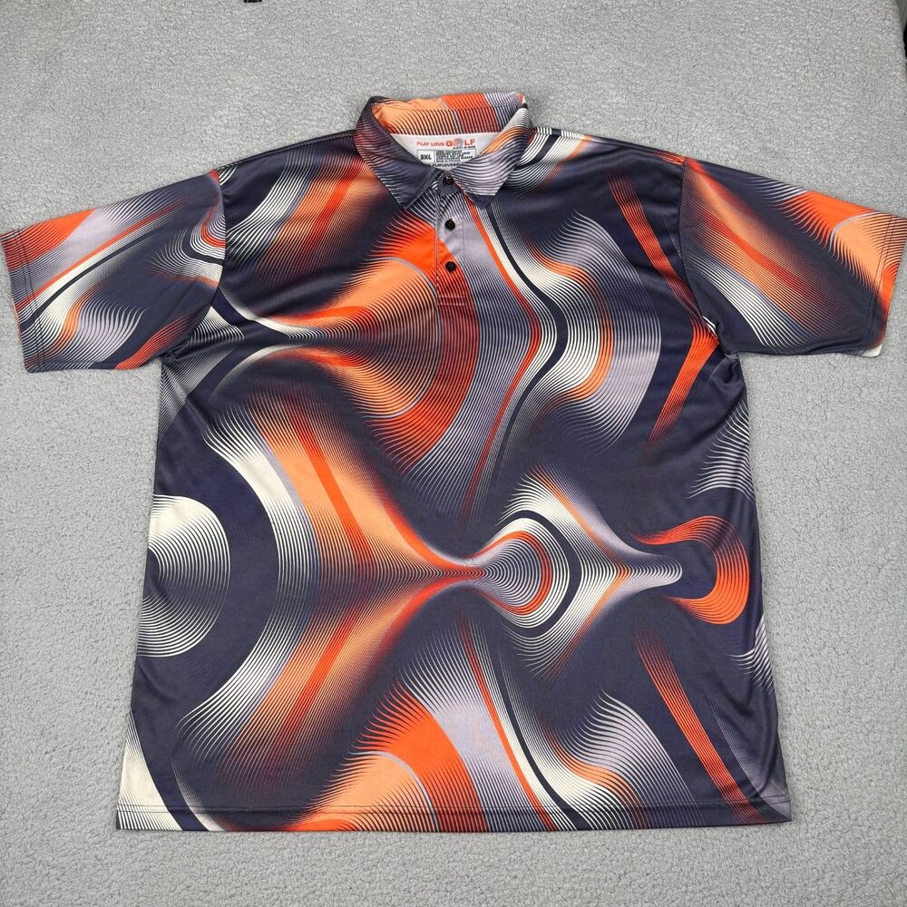 Play Loud Golf Polo Shirt Mens 3XL Orange Blue Abstract Swirl Performance PLG